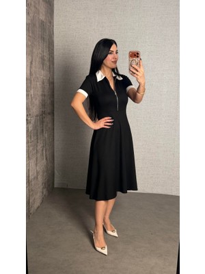 Flamex Kalp Polo Yaka Fermuar Detaylı Modal Midi Elbise