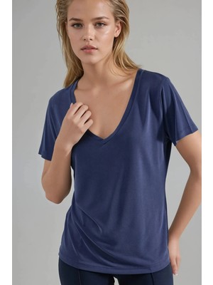 Hiccup Kadın Busem V Yaka Kısa Kollu Modal Bluz Lacivert