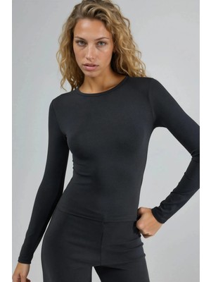 Hiccup Kadın Busem Slim Fit Yuvarlak Yaka Uzun Kollu Bluz Siyah