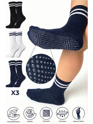 Saysez Bambu Kadın Kaydırmaz Taban Silikon Baskı Pilates Yoga Fitness Bale Dans Aktivite Tenis Çorabı 3'lü