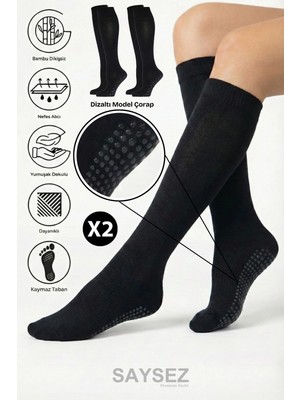 Saysez Bambu Kaydırmaz Taban Silikonlu Hac Umre Tavaf Hamile Pilates Yoga Dizaltı Siyah Çorap 2'li