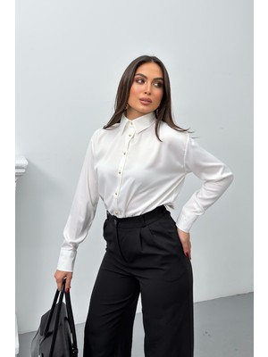 Spirituel Kadın Gömlek Saten Şık Gold Düğmeli Uzun Kollu Düşük Omuz Gömlek