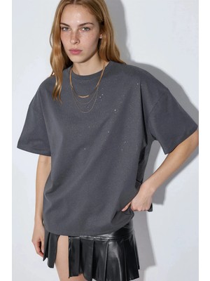 Hiccup Kadın Busem Simli Bisiklet Yaka Kısa Kollu Tişört Koyu Gri