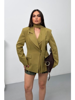 Spirituel Kadın Blazer Ceket Fular Detaylı Sahte Cepli Bele Oturan Tek Düğmeli Ceket