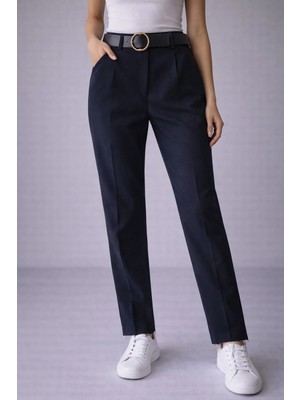 İnce Moda Giyim Yüksek Bel Kemerli Siyah Kumaş Pantolon