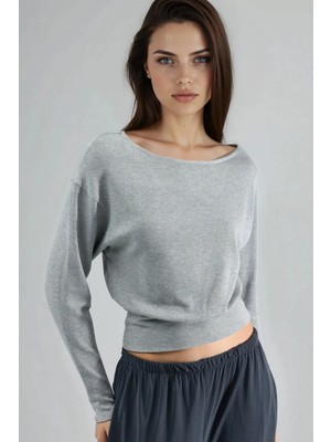 Hiccup Kadın Busem Kayık Yaka Uzun Kollu Esnek Bluz Gri