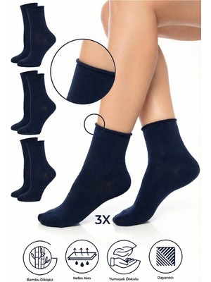 Saysez Bambu Kadın Lastiksiz Lacivert Soket Dikişsiz Premium Çorap 3'lü Paket / Iz Bırakmaz /sıkmayan Çorap