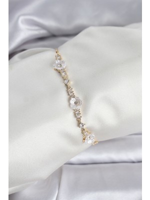 Marsilyan Baget Zirkon Taşlı Çiçek Model Gold Renk Asansörlü Kadın Bileklik