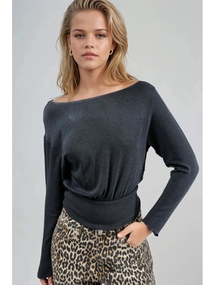 Hiccup Kadın Busem Kayık Yaka Uzun Kollu Esnek Bluz Koyu Gri
