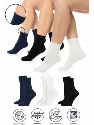 Saysez Bambu Kadın Lastiksiz Siyah-Beyaz-Lacivert Soket Dikişsiz Premium Çorap 3'lü Paket / Iz Bırakmaz
