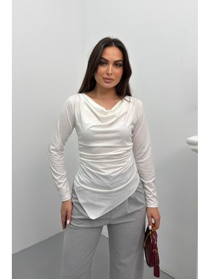 Spirituel Kadın Bluz Drapeli Uzun Kollu Degaje Yaka Asimetrik Kesim Sandy Kumaş Likralı Şık Bluz