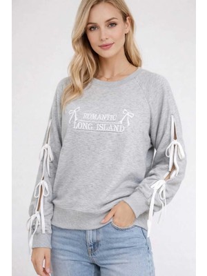 Bağcık Detaylı Baskılı Gri Kadın Sweatshirt