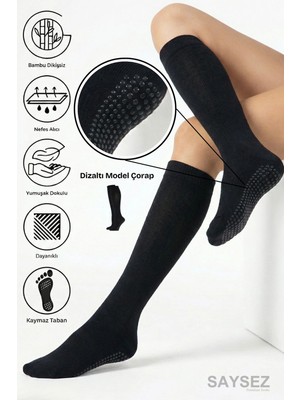 Saysez Bambu Kaydırmaz Taban Silikonlu Hac Umre Tavaf Hamile Pilates Yoga Dizaltı Siyah Uzun Çorap