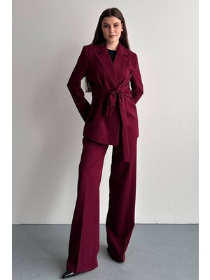 AKD Atelier Kadın Ceket Pantolon Takım Beli Bağlama Detaylı Blazer Ceket Bol Paça Pantolon Takım Elbise