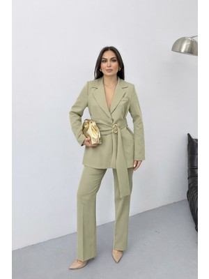 Spirituel Kadın Ikili Alt Üst Takım Şık Gold Tokalı Kuşaklı Blazer Ceket Bol Paça Pantolon Takım