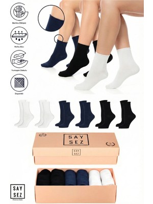 Saysez Bambu Kadın Lastiksiz Siyah-Beyaz-Lacivert Soket Dikişsiz Premium Çorap Kutulu 6'lı / Iz Bırakmaz