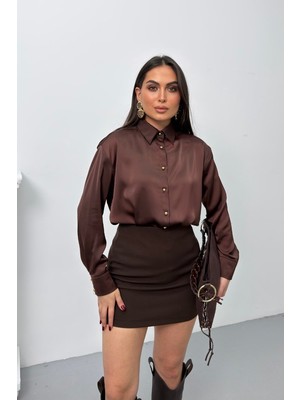 Spirituel Kadın Gömlek Saten Şık Gold Düğmeli Uzun Kollu Düşük Omuz Gömlek
