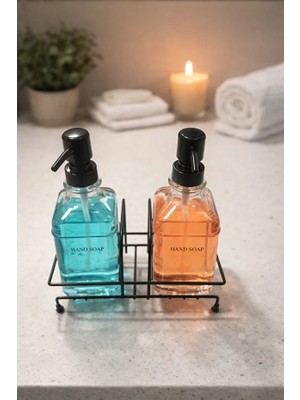 TncPatiShop 2li Cam Sıvı Sabunluk Siyah Standlı Sabunluk Metal Kare Stantlı Deterjanlık