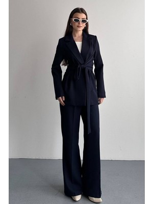 AKD Atelier Kadın Ceket Pantolon Takım Beli Bağlama Detaylı Blazer Ceket Bol Paça Pantolon Takım Elbise
