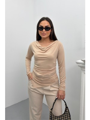 Spirituel Kadın Bluz Drapeli Uzun Kollu Degaje Yaka Asimetrik Kesim Sandy Kumaş Likralı Şık Bluz