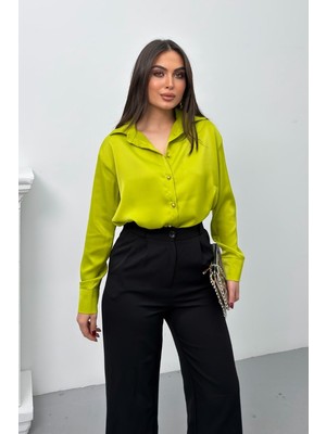 Spirituel Kadın Gömlek Saten Şık Gold Düğmeli Uzun Kollu Düşük Omuz Gömlek