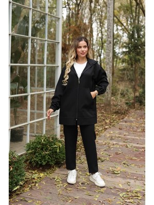 Moda Kapüşonlu Dabıl Kumaş Ikili Takım Siyah & Taş Renk Rahat Kalıp Günlük Şık Kombi