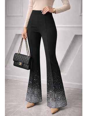 Women Kadın Siyah Yüksek Bel Ispanyol Paça Taşlı Pantolon – Toparlayıcı Şık Model