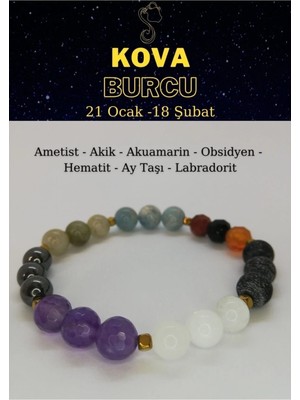 Kova Burcu Bilekliği Ametist, Labradorit, Obsidyen, Hematit, Akik, Akuamarin, Aytaşı