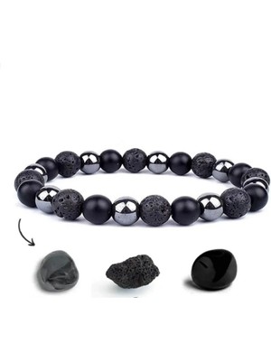 Unisex Bileklik Hematit Oniks Lav Taşı ( Yüksek Titreşim Enerji ve Güç )