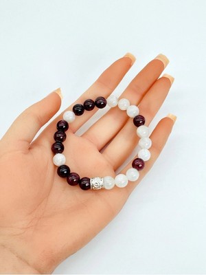 Ay Taşı & Lal Garnet Doğal Taş Özel Tasarım Bileklik 8 mm
