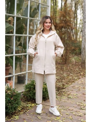 Moda Kapüşonlu Dabıl Kumaş Ikili Takım Siyah & Taş Renk Rahat Kalıp Günlük Şık Kombi