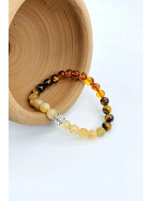 Sitrin, Kaplan Gözü, Kehribar Doğal Taş Bileklik 8 mm Manevi Güç Sağlık Başarı