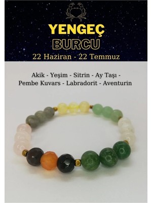 Yengeç Burcu Bilekliği Sitrin, Aytaşı, Yeşim, Aventurin, Pembe Kuvars, Akik, Labradorit