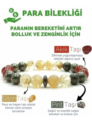 Para Bereket ve Zenginlik Doğal Taş Tılsım Bilekliği Pirit, Sitrin, Akik Taşı Doğal Taş Bileklik
