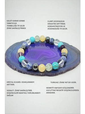 Sertifikalı Dehb Doğaltaş Bileklik (Kalsit, Florit, Hematit, Sodalit, Turkuaz, Kristal Kuvars)