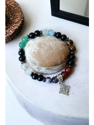 7 Çakra Bileklik Akik, Kaplan Gözü, Oniks, Akuamarina, Aventurin, Sitrin, Ametist Doğal Taş Bileklik