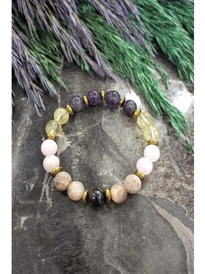 Koç Burcu Doğaltaş Bileklik: Turmalin Güneş Taşı Ametist Sitrin Pembe Kuvars Hematit