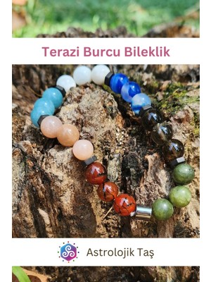 Terazi Burcu Doğal Taş Bileklik - Yeşim Taşı, Kırmızı Akik, Ay Taşı , Akuamarin & Güneş Taşı