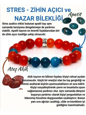 Stres Zihin Açıcı Nazar Bilekliği -%100 Doğaltaş (Ateş Akik-Apatit) Doğal Taş Bileklik