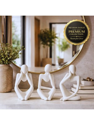 Nevhan Sanat Ev & Ofis Dekoru – Beyaz 3’lü İnsan Figürü Seti | El Yapımı Minimalist Heykel Takımı
