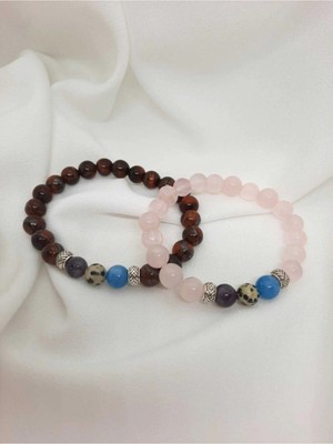 Çift Sevgili Eş Kadın Erkek Doğal Taş Kombin Bileklik Kaplan Gözü , Pembe Kuvars , Ametist