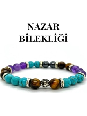 Gerçek Doğal Taş - Nazar Bilekliği - Turkuaz - Kaplan Gözü - Ametist - Hematit