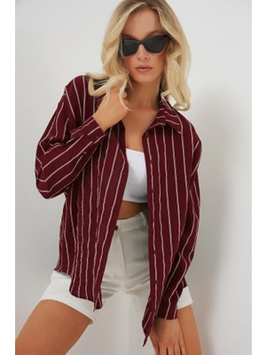 Queene Dreams Çizgili Oversize Gömlek 20293 - Bordo