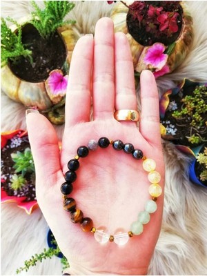 Aslan Burcu Doğaltaş Bileklik Kaplangözü, Sitrin, Aventurin, Hematit, Turmalin, Oniks,kristal Kuvars