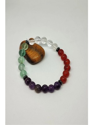 Sertifikalı Erkek Yengeç Burcu Doğaltaş Bileklik (Akik, Florit, Kristal Kuvars, Ametist, Hematit )