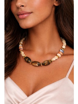 Versein Atelier Doğal Taş Görünümlü Kolye - Doğal Tonlarda El Işçiliği Kadın Kolyesi-Bohem Şıklık