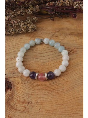 Doğal Taş Stres ve Enerji Bilekliği Ametist-Akuamarin-Ay Taşı-Pembe Kuvars 8mm