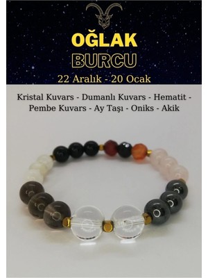 Oğlak Burcu Bilekliği Kristal Kuvars, Pembe Kuvars, Granatlal, Hematit, Dumanlı Kuvars, Oniks,aytaşı