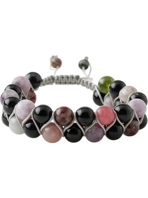 Renkli Turmalin 8 mm Çift Sıra Makrome Doğal Taş Bileklik