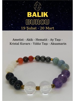 Balık Burcu Bilekliği Ametist, Akik, Aytaşı, Kristal Kuvars, Akuamarin, Yıldız Taşı, Hematit